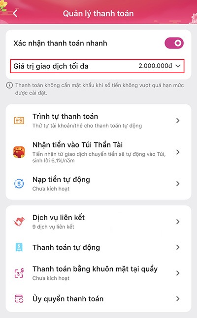 Chọn hạn mức giao dịch khi thanh toán bằng MoMo