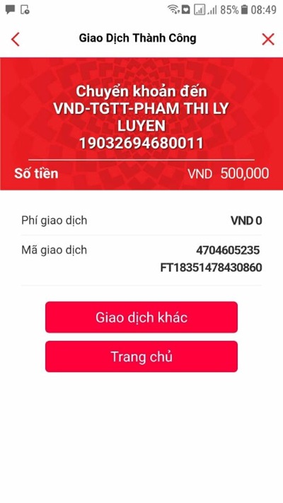 Hình ảnh chuyển tiền thành công Techcombank