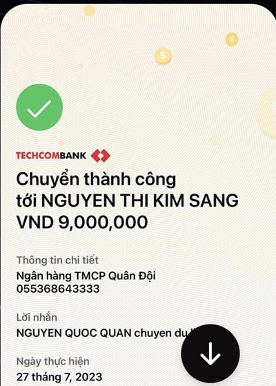 Hình ảnh chuyển tiền thành công Techcombank