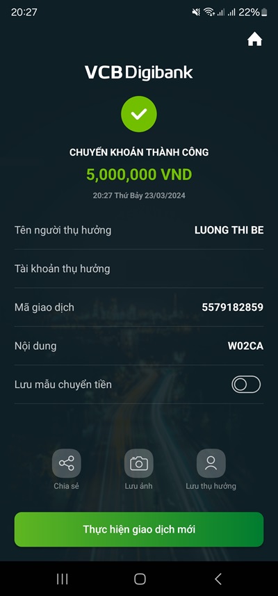 Hình ảnh chuyển tiền thành công Vietcombank